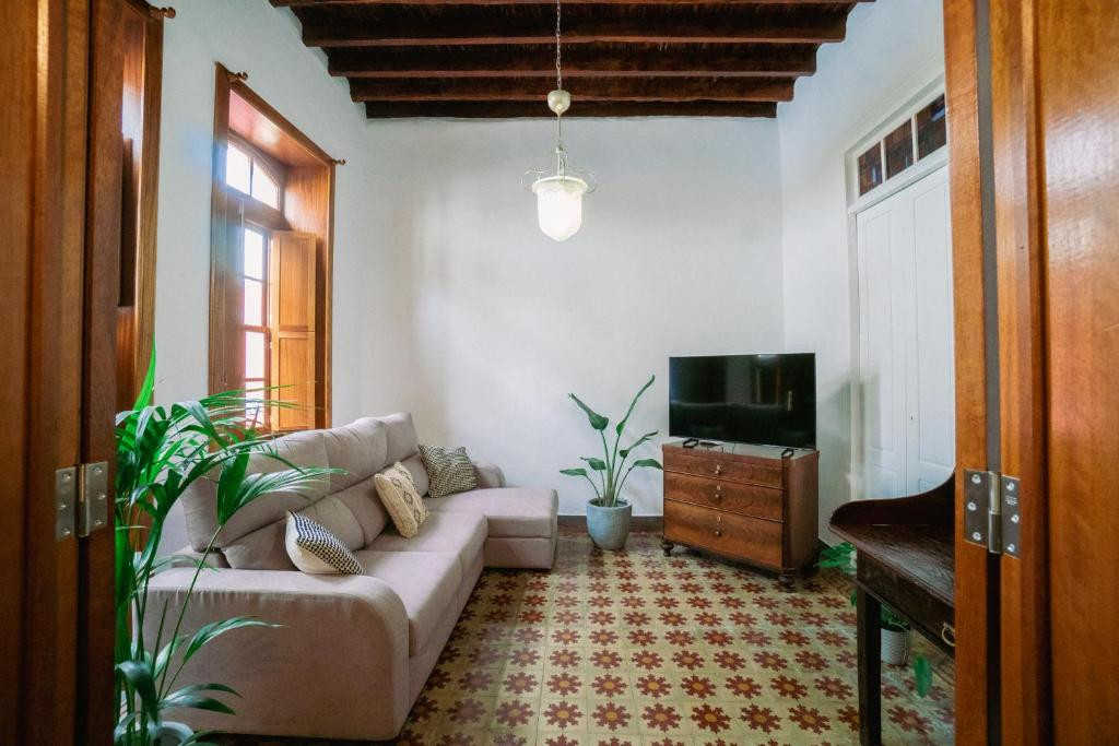 Soggiorno con divano ad angolo, pianta, TV e mobili in legno a Tenerife.