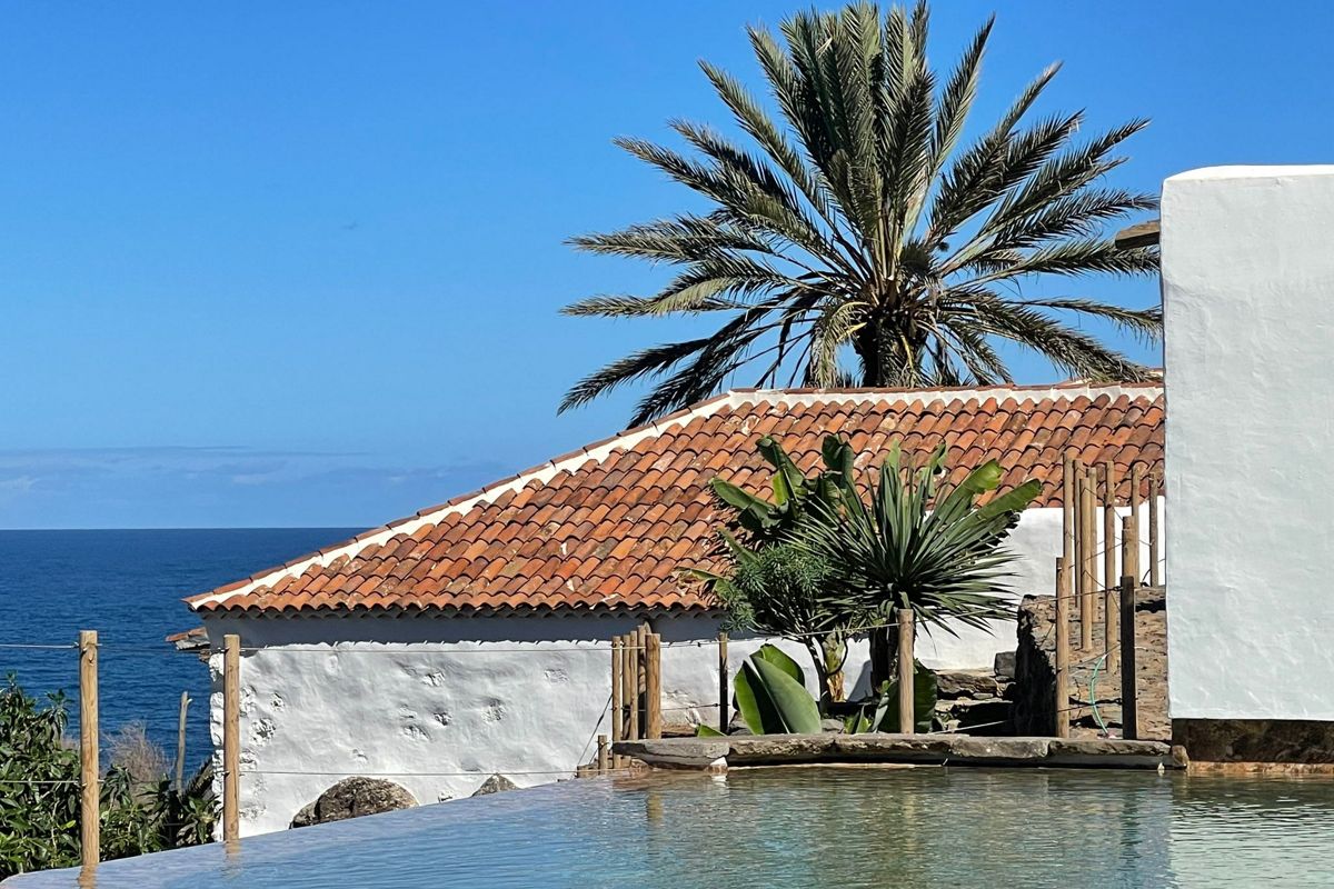Tetto in tegole con palma e mare sullo sfondo a Tenerife.