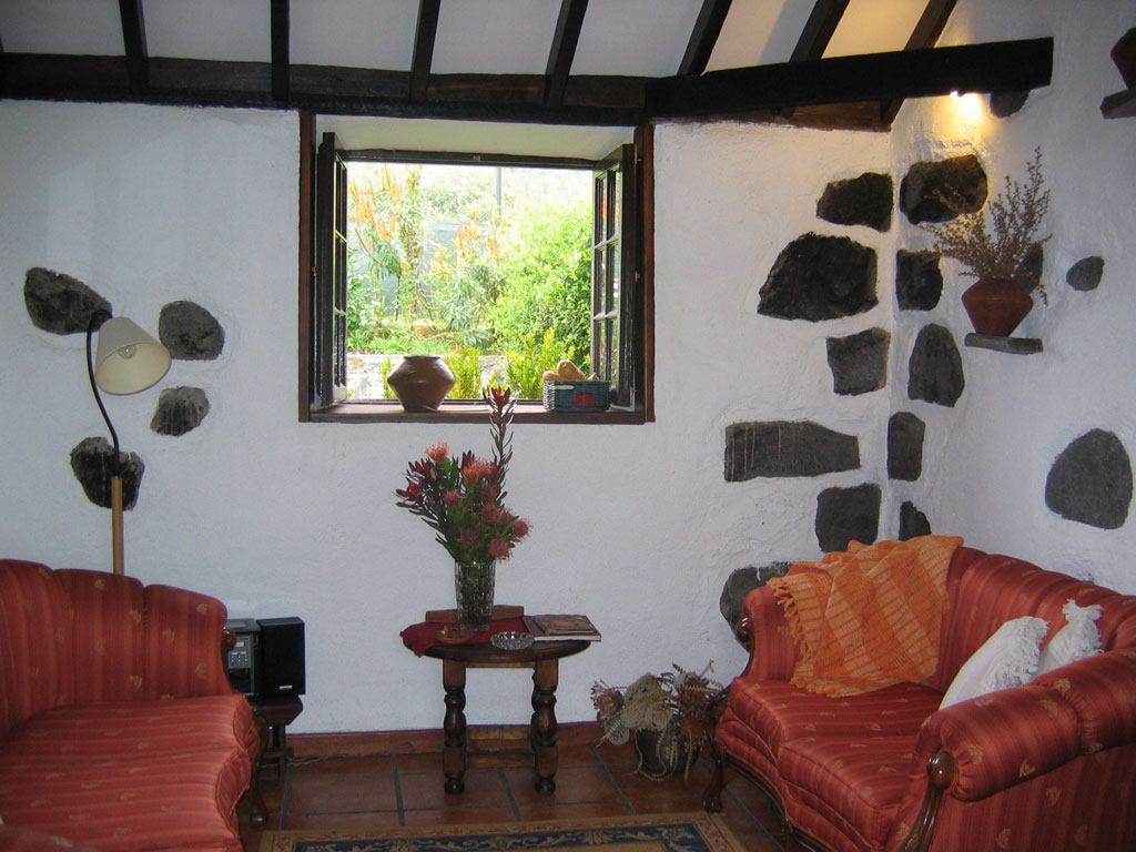 Interno di un soggiorno rustico con piante e finestra sul giardino a Tenerife.