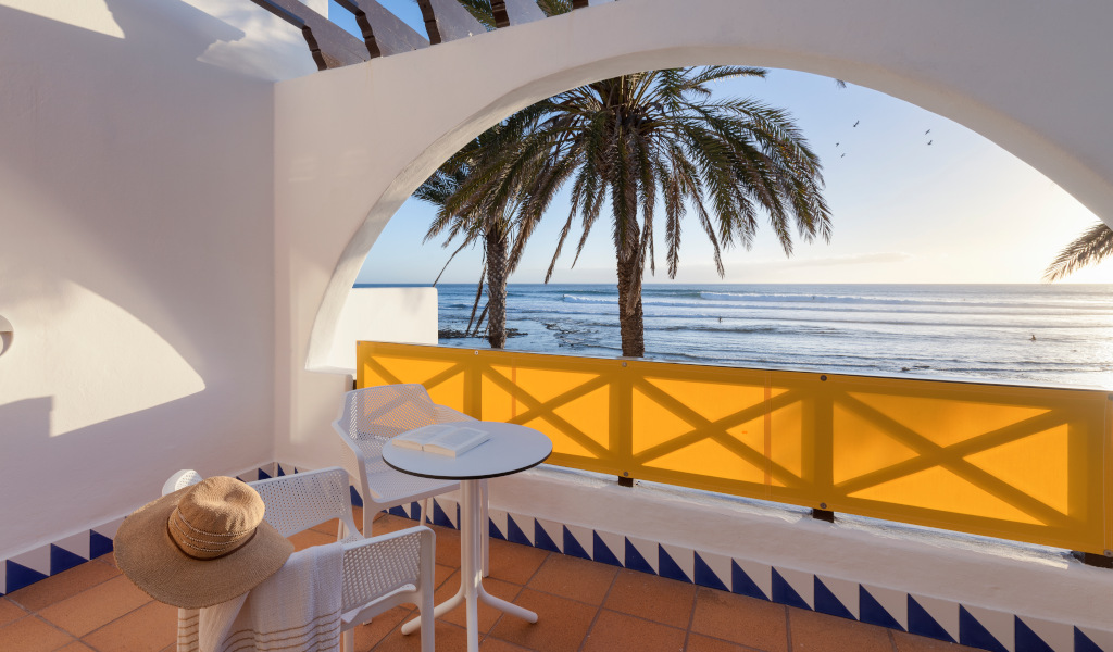 Terrazza con vista mare e palma a Tenerife al tramonto.