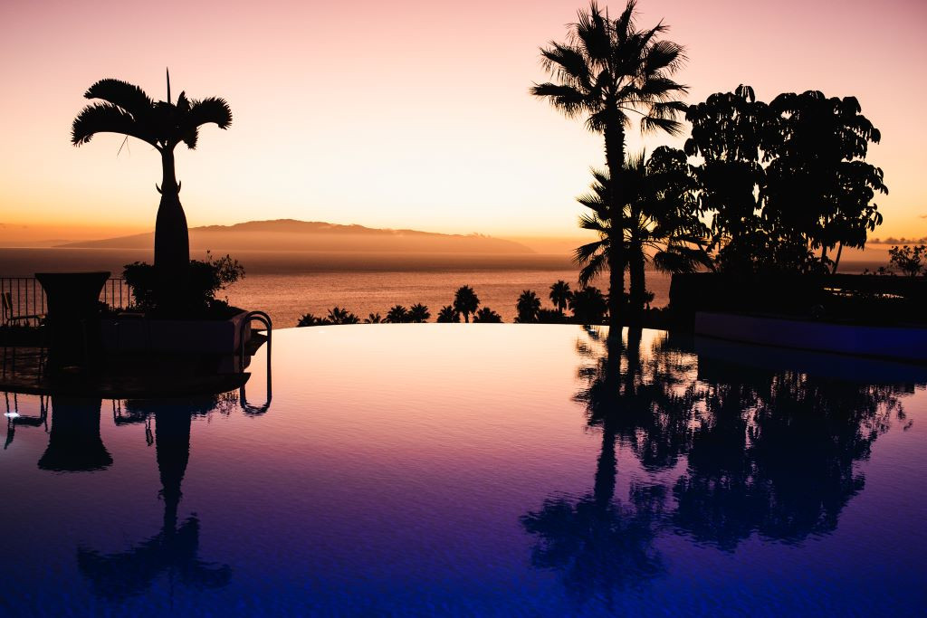 Tramonto con palme e mare a Tenerife.