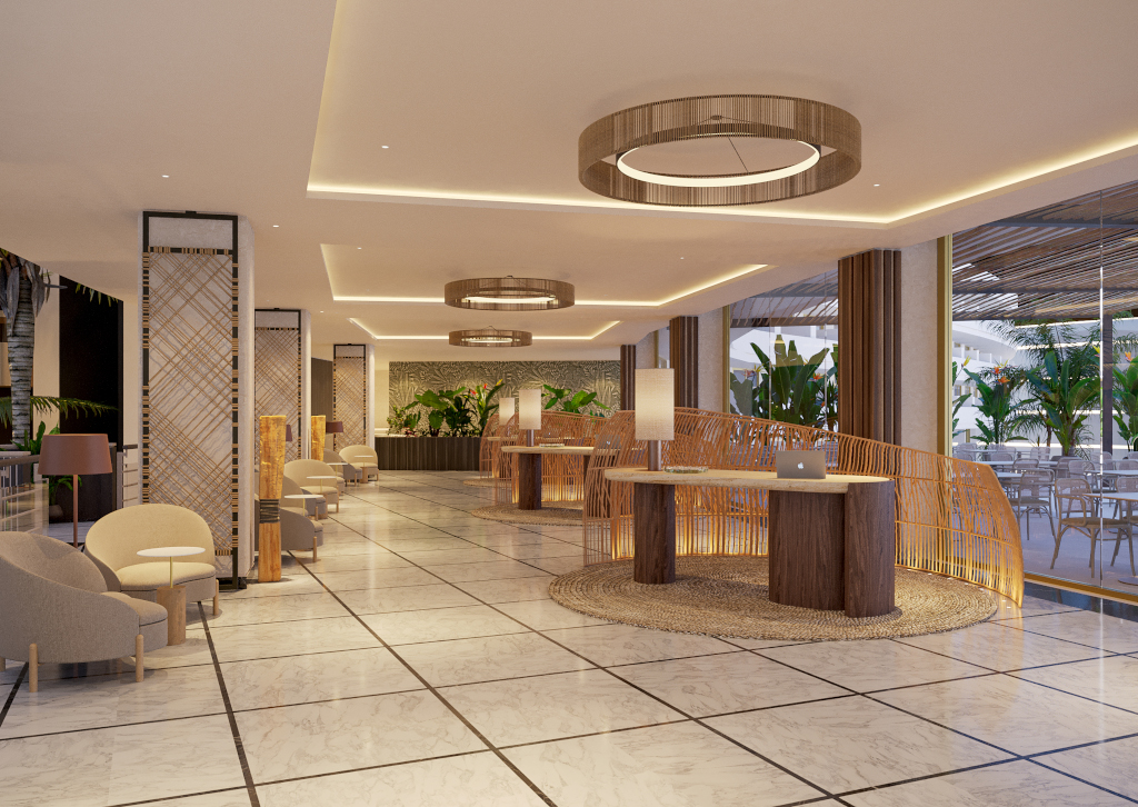 Hall di un hotel moderno a Tenerife con piante e arredi eleganti.