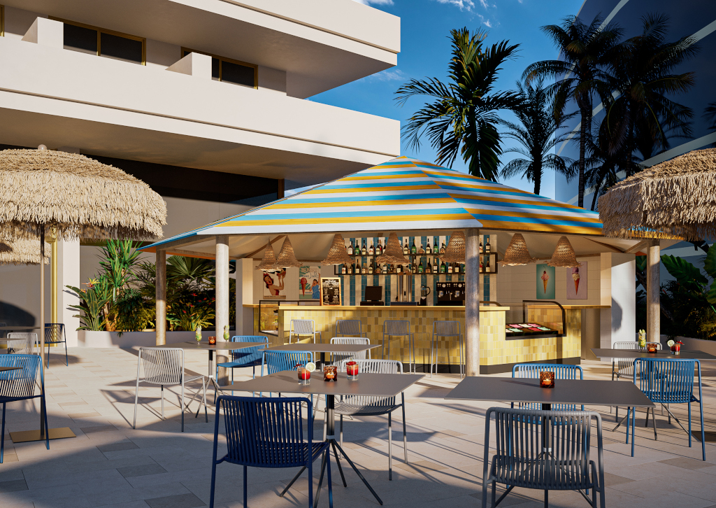 Bar con tavoli all'aperto e palme a Tenerife.