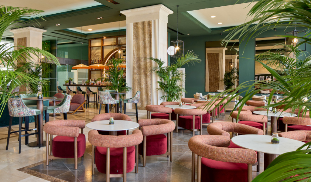 Ristorante elegante con tavoli e sedie, piante verdi a Tenerife.