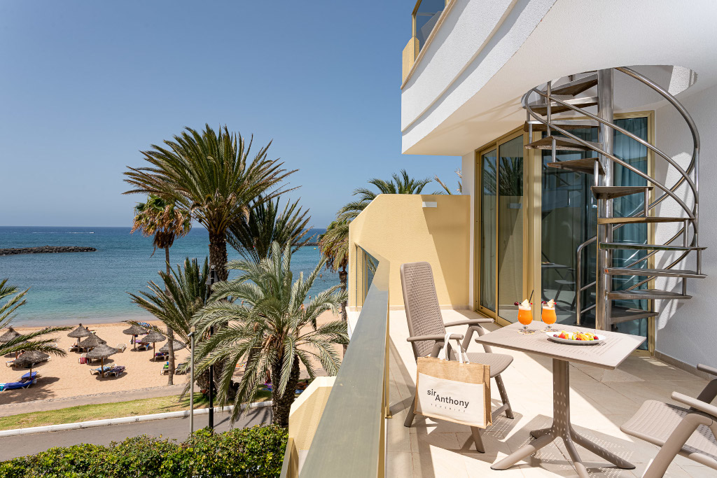 Terrazza con vista sull'oceano e palma a Tenerife. Sul tavolo bevande e frutta.