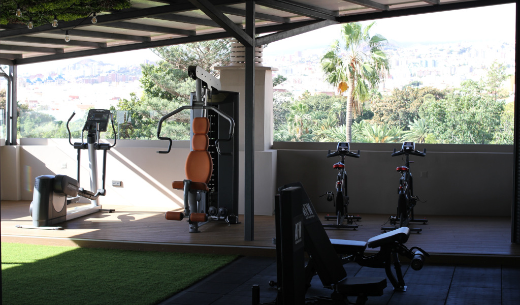 Palestra a Santa Cruz de Tenerife con attrezzi e vista sul paesaggio.