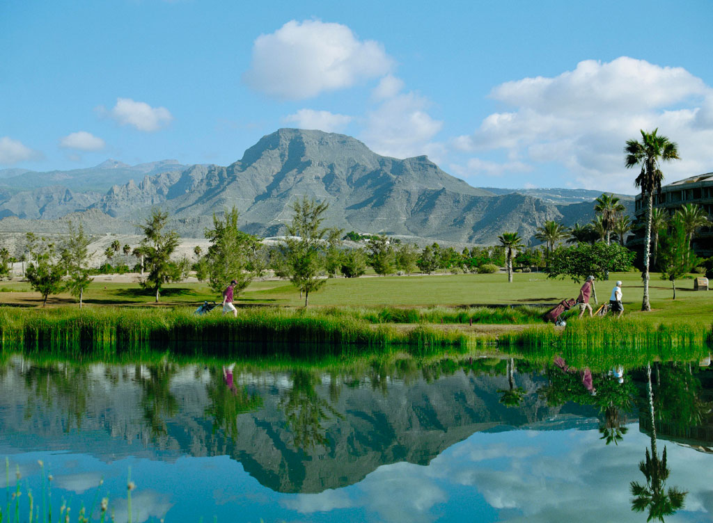 Persone con carrelli da golf vicino a uno stagno a Tenerife.