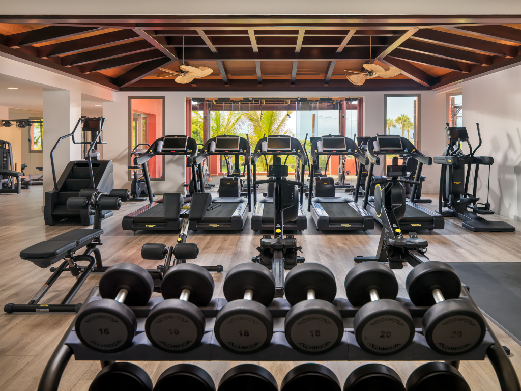 Palestra attrezzata con tapis roulant e pesi a Tenerife.