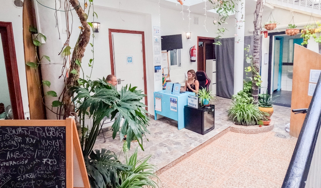 Receptionista in ufficio con piante e lavagna a Tenerife.