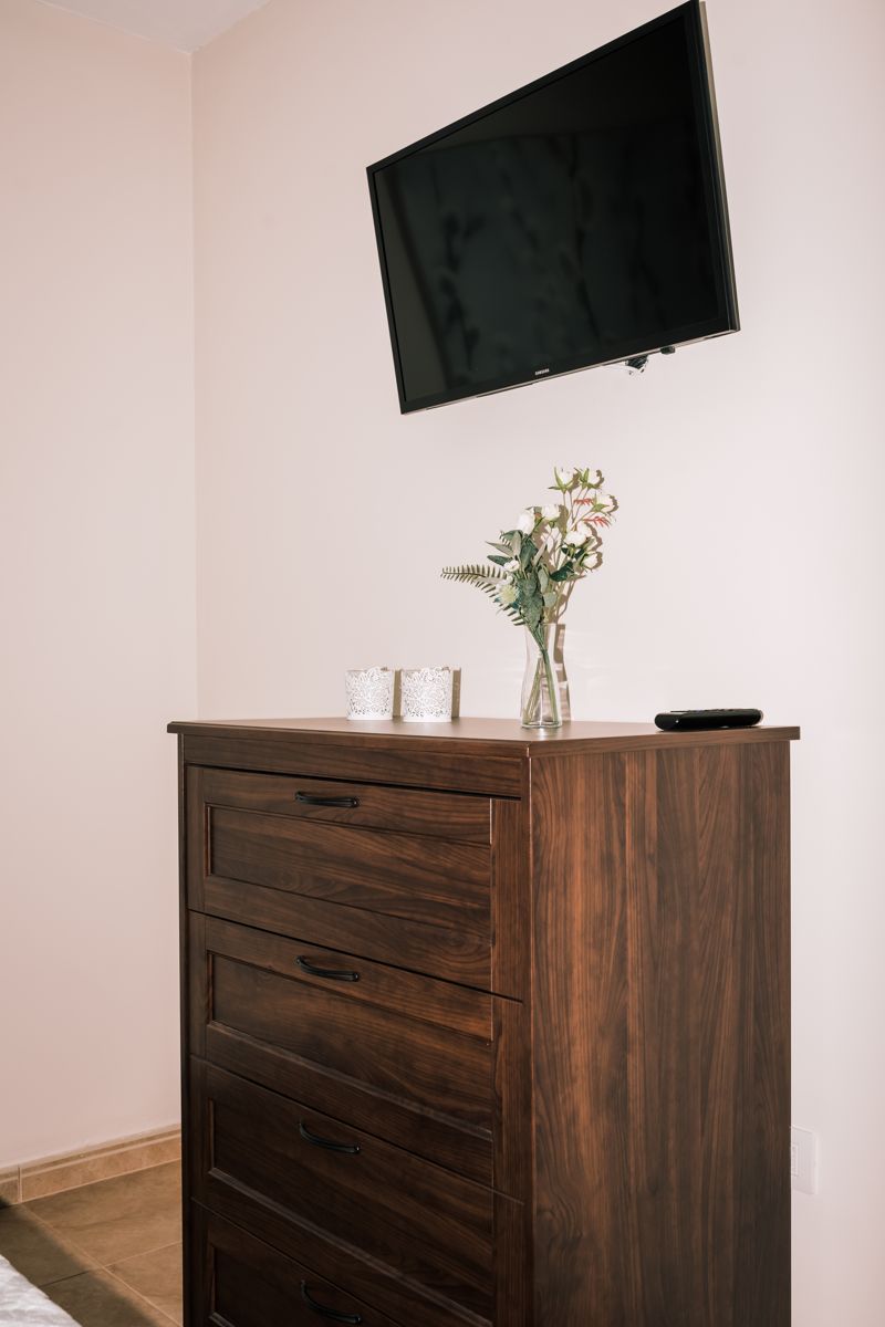 Cassettiera di legno con sopra un vaso di fiori e televisore montato a parete.