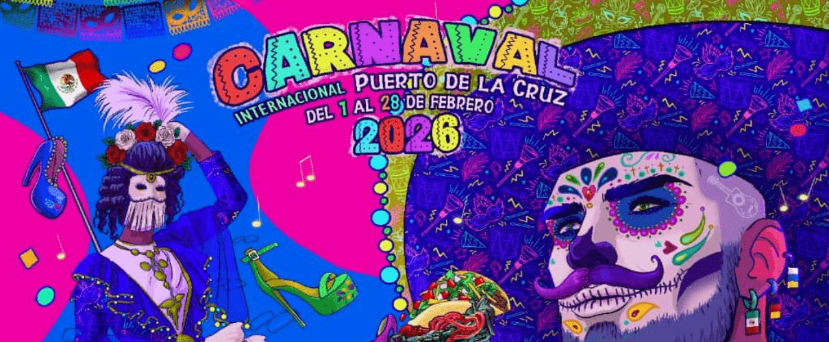 Cartel del Carnaval 2026 en Puerto de la Cruz, fechas: 1 al 28 de febrero.