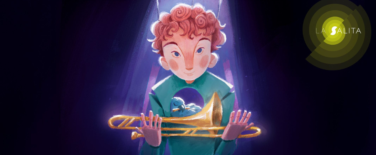 Bambino con trombone e uccellino, logo La Salita a destra. Tenerife.