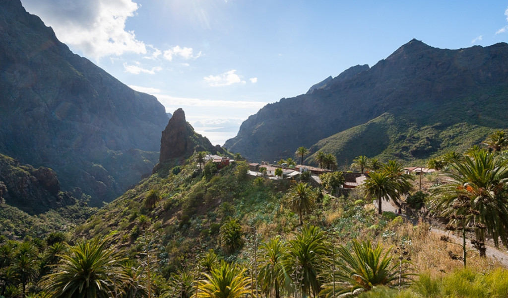 Valle e villaggio a Masca, Tenerife, circondati da montagne e vegetazione.