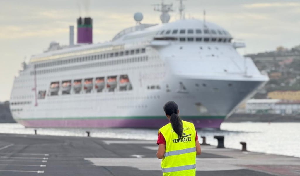 Persona che osserva una nave da crociera ormeggiata nel porto di Tenerife. Dice il Coordinatore Tentravel.