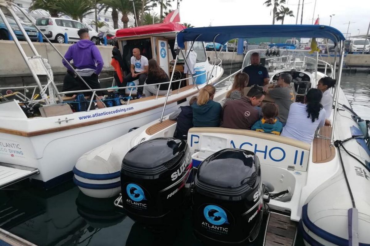 Gruppo di persone su una barca turistica a Tenerife, con motori Suzuki e logo Atlantic Eco Diving.