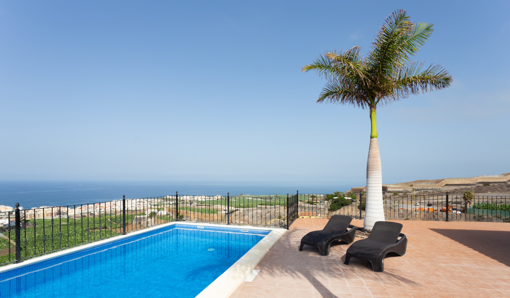 Piscina con vista sul mare e sdrai a Tenerife sotto una palma.