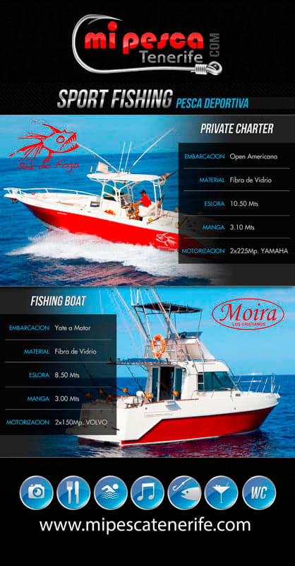 Barca da pesca sportiva a Tenerife con dettagli sulle specifiche tecniche.