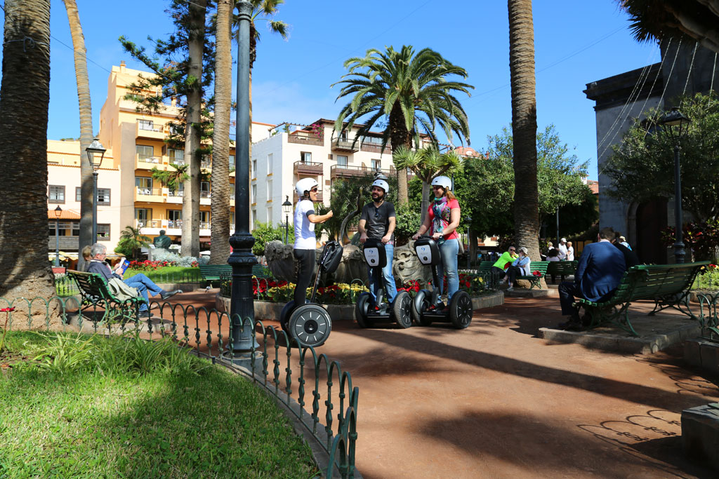 Le persone in segway attraversano un parco con palme a La Laguna, Tenerife.