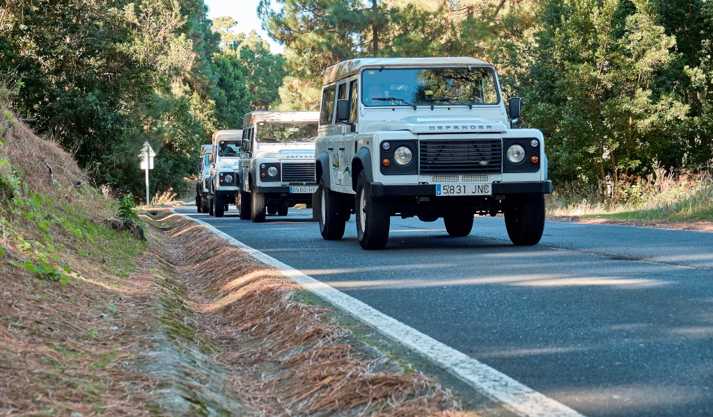 Tre Land Rover percorrono una strada circondata da foreste a Tenerife.