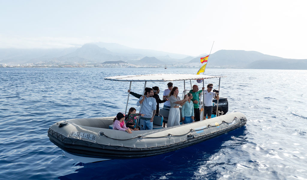 Persone su una barca in mare vicino a Tenerife con montagne sullo sfondo.
