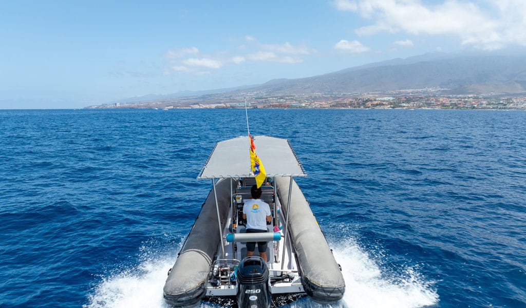 Barca sull'oceano con vista sulla costa di Tenerife.