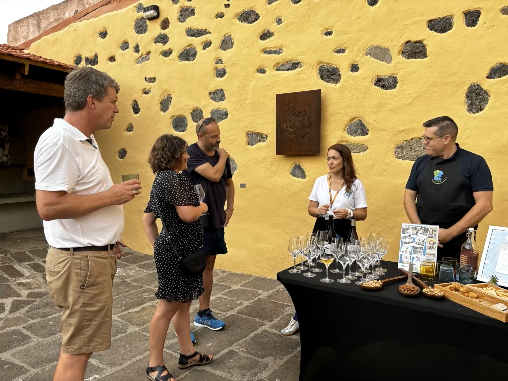 Gruppo di persone alla degustazione di vini a Tenerife, accanto a un tavolo con bevande e snack.