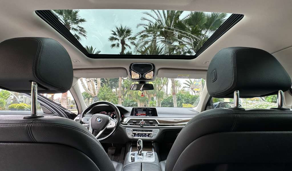 Interno di un'auto con tetto panoramico, palme di Tenerife visibili all'esterno.