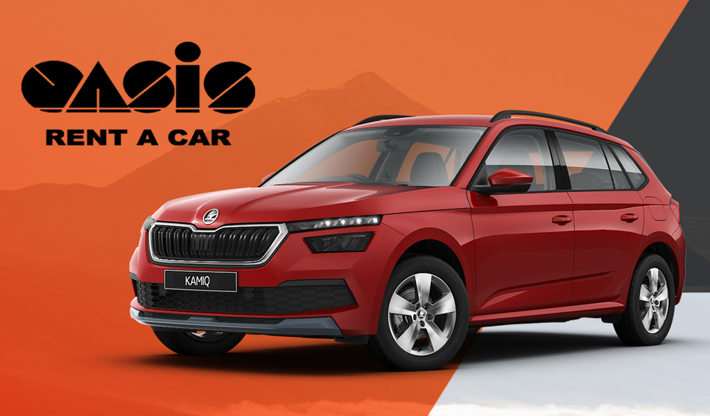Auto rossa Skoda Kamiq con logo Oasis Rent a Car, Tenerife.