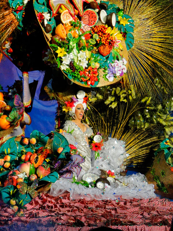 Persona sorridente in colorato costume di frutta e fiore, partecipa al Carnevale di Tenerife.
