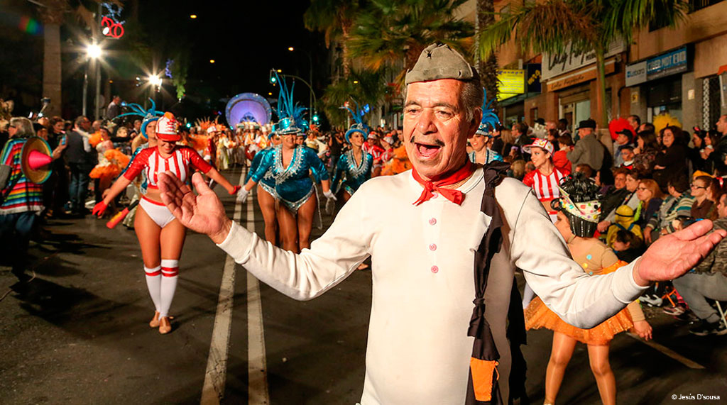 Sfilata notturna di Carnevale a Santa Cruz de Tenerife con costumi colorati.