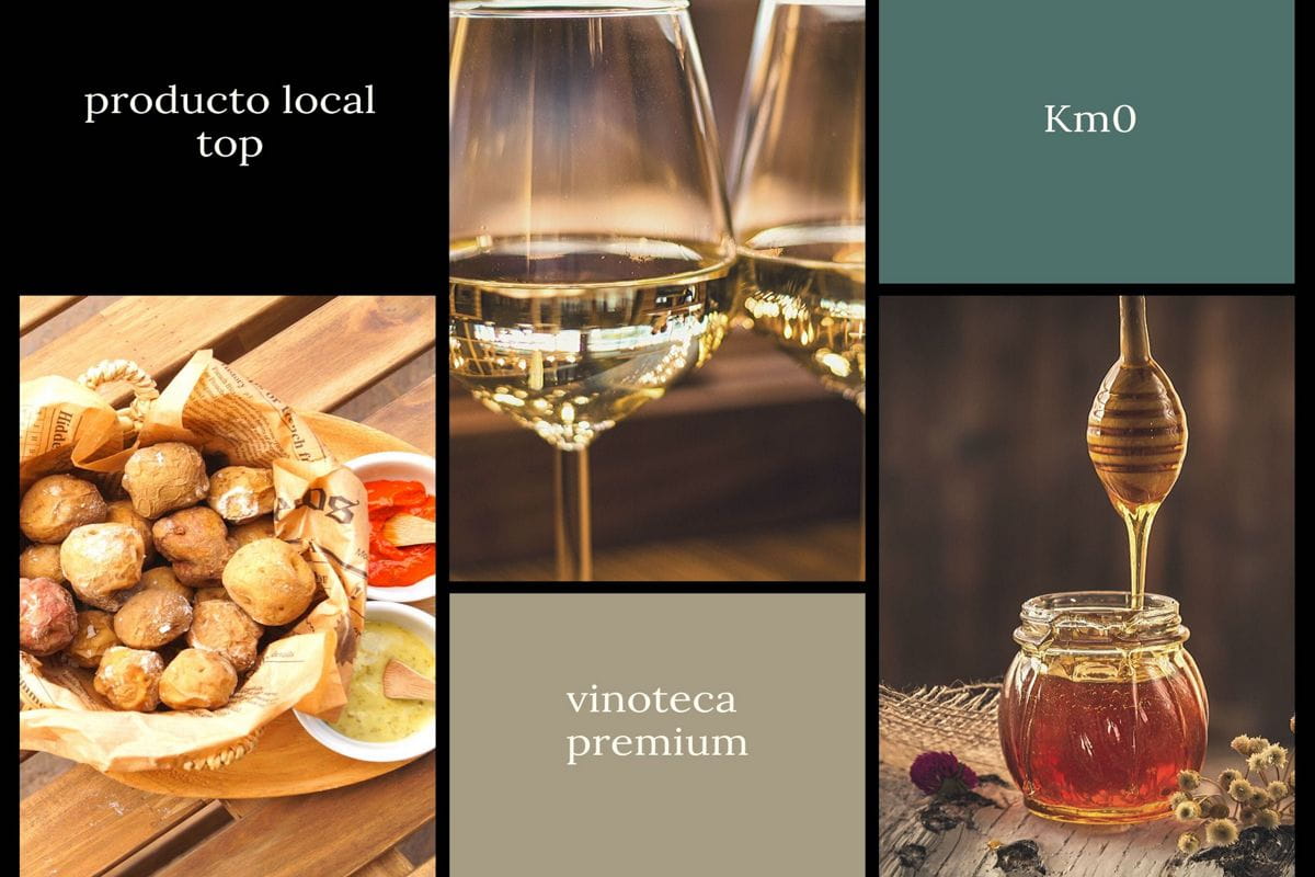Prodotto locale Km0 a Tenerife: patate rugose, bicchieri di vino e barattolo di miele.