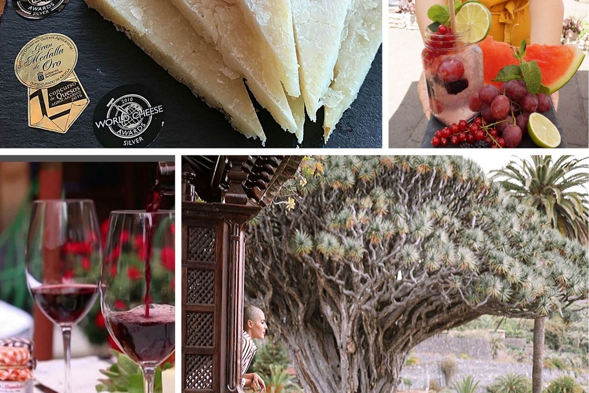 Formaggio premiato, bevanda alla frutta, bicchieri di vino e albero del drago a Icod de los Vinos, Tenerife.