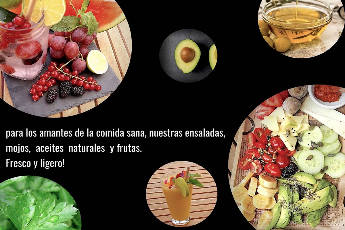Bevi con frutta e testo: per gli amanti del cibo sano, le nostre insalate, mojo, oli naturali e frutta. Freschi e leggeri!.