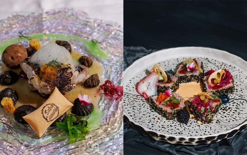 Piatti gourmet con pesce e contorni in un ristorante a Tenerife.