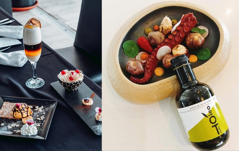 Dessert gourmet e bottiglia di olio con polpo e verdure su un piatto a Tenerife.
