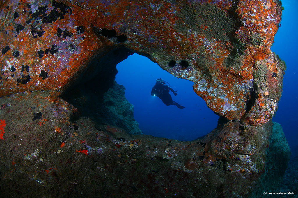 Subacqueo che esplora un arco roccioso subacqueo a Tenerife.