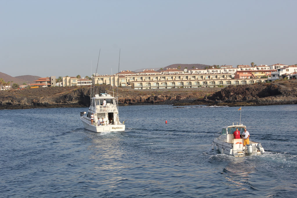 Barche in mare vicino alla costa a Tenerife, con edifici sullo sfondo.