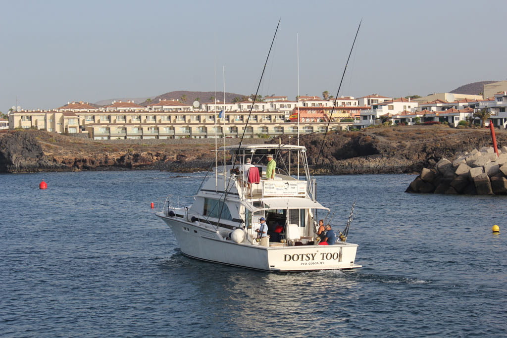 Dotsy Too in barca da pesca in navigazione vicino alla costa di Playa de las Americas, Tenerife.