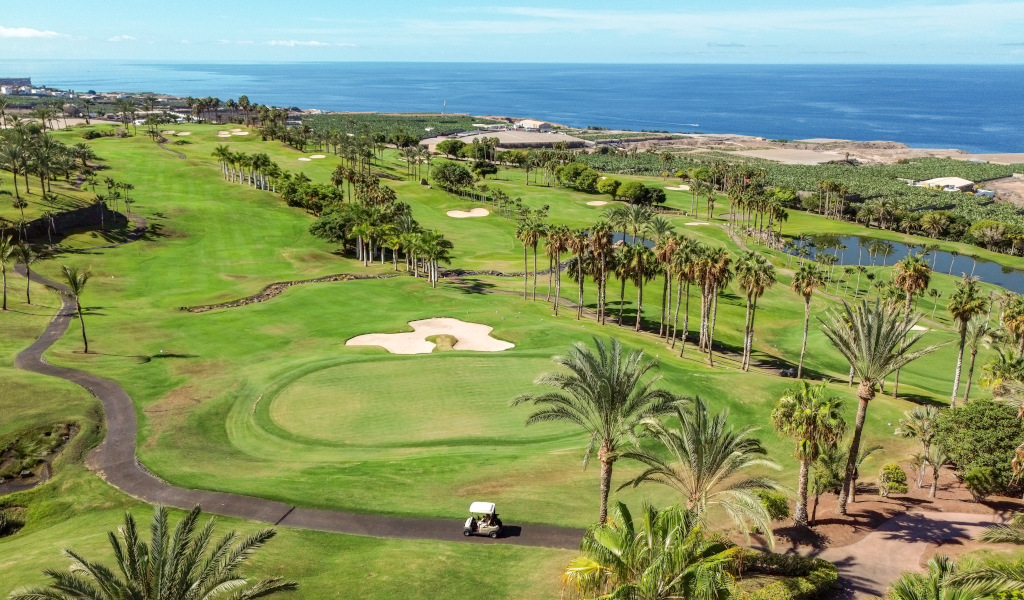 Campo da golf con palme sul mare a Costa Adeje, Tenerife.
