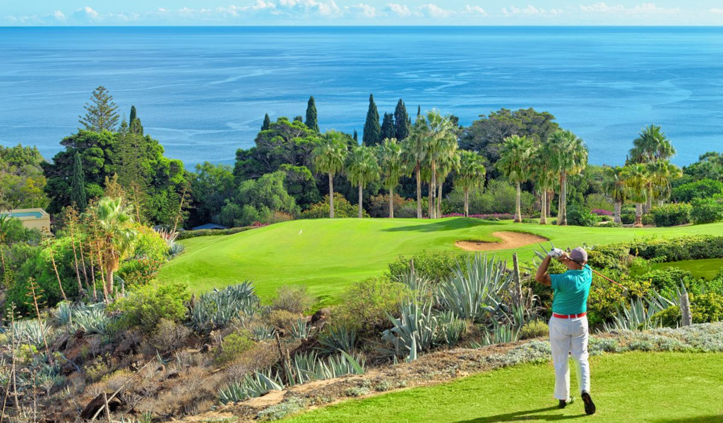 Giocatore di golf su un campo vicino al mare a Tenerife, circondato da verde e palme.