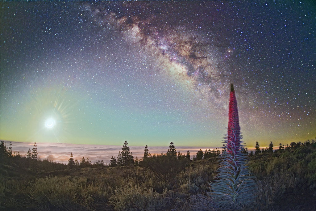 Cielo stellato sul paesaggio del Monte Teide a Tenerife.