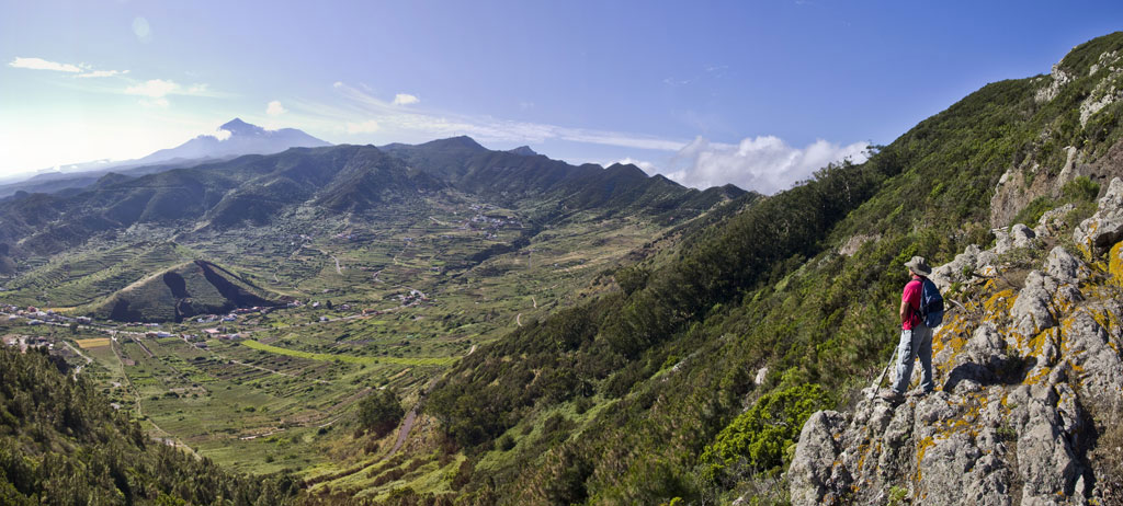 Persona che osserva una valle montuosa a Tenerife, vista panoramica su montagne e campi verdi.