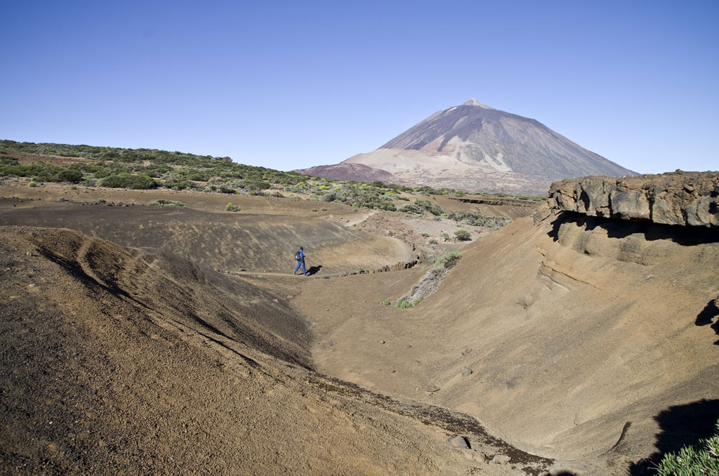 Persona che cammina vicino al vulcano del Teide a Tenerife sotto un cielo limpido.