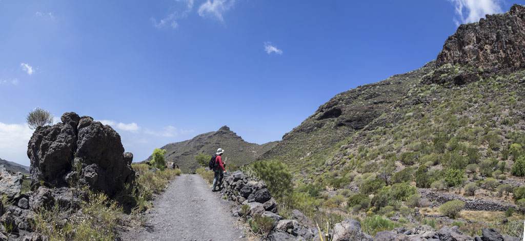 Sentiero di montagna con una persona a piedi, circondato da rocce e vegetazione a Tenerife.