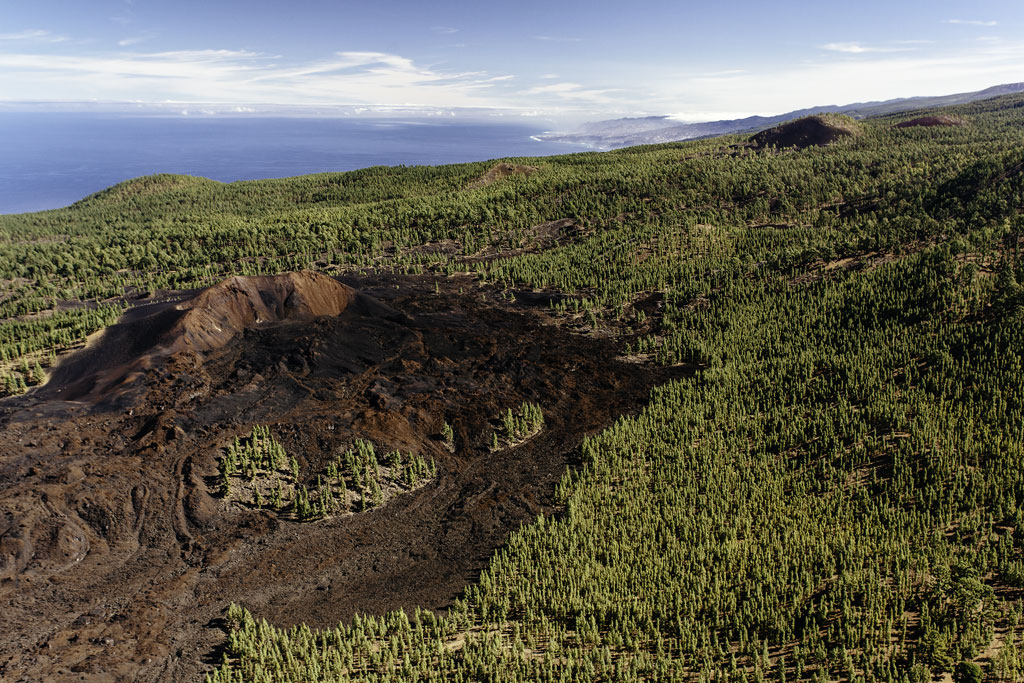 Cratere vulcanico circondato da foresta a La Palma, Tenerife, con il mare sullo sfondo.