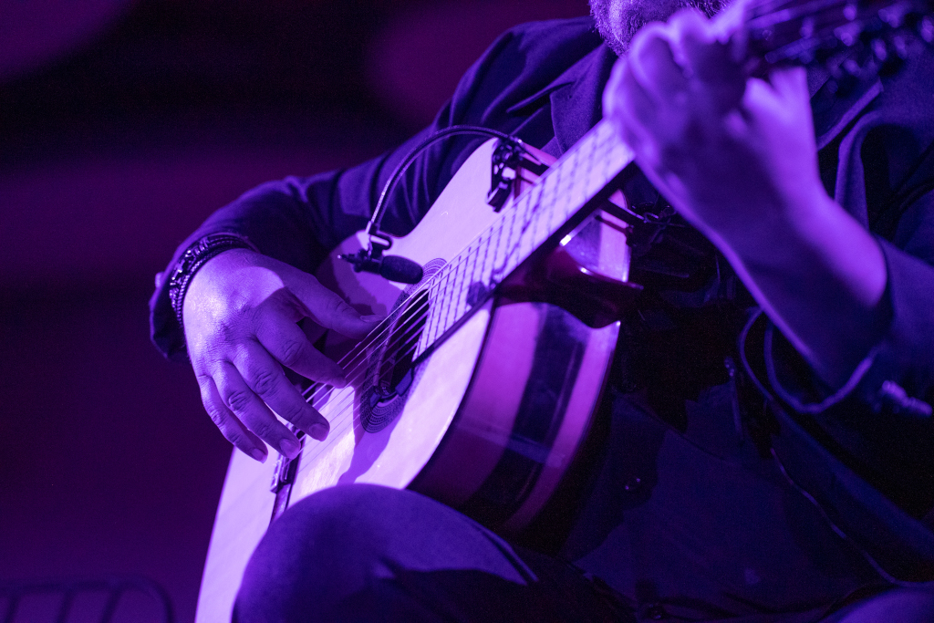 Musicista che suona la chitarra durante un concerto a Tenerife.