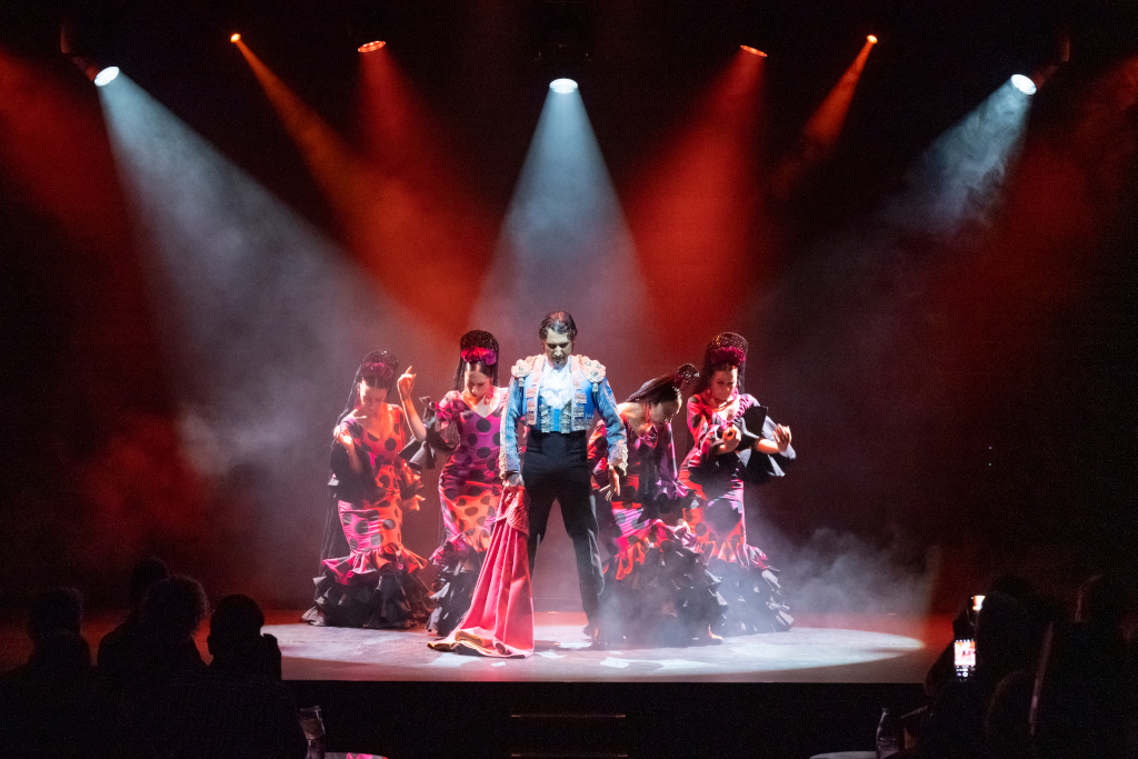 Ballerini di flamenco che si esibiscono sotto le luci su un palco a Tenerife.