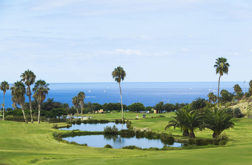 Campo da golf con palme e vista sul mare a Tenerife.