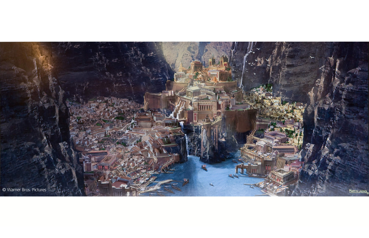 Città fantastica con architettura classica tra montagne e fiume a Tenerife.