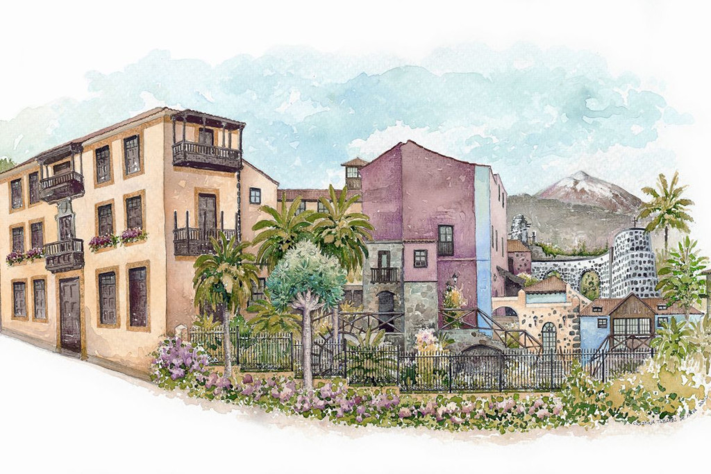 Illustrazione di edifici e paesaggi a Tenerife con il Monte Teide sullo sfondo.